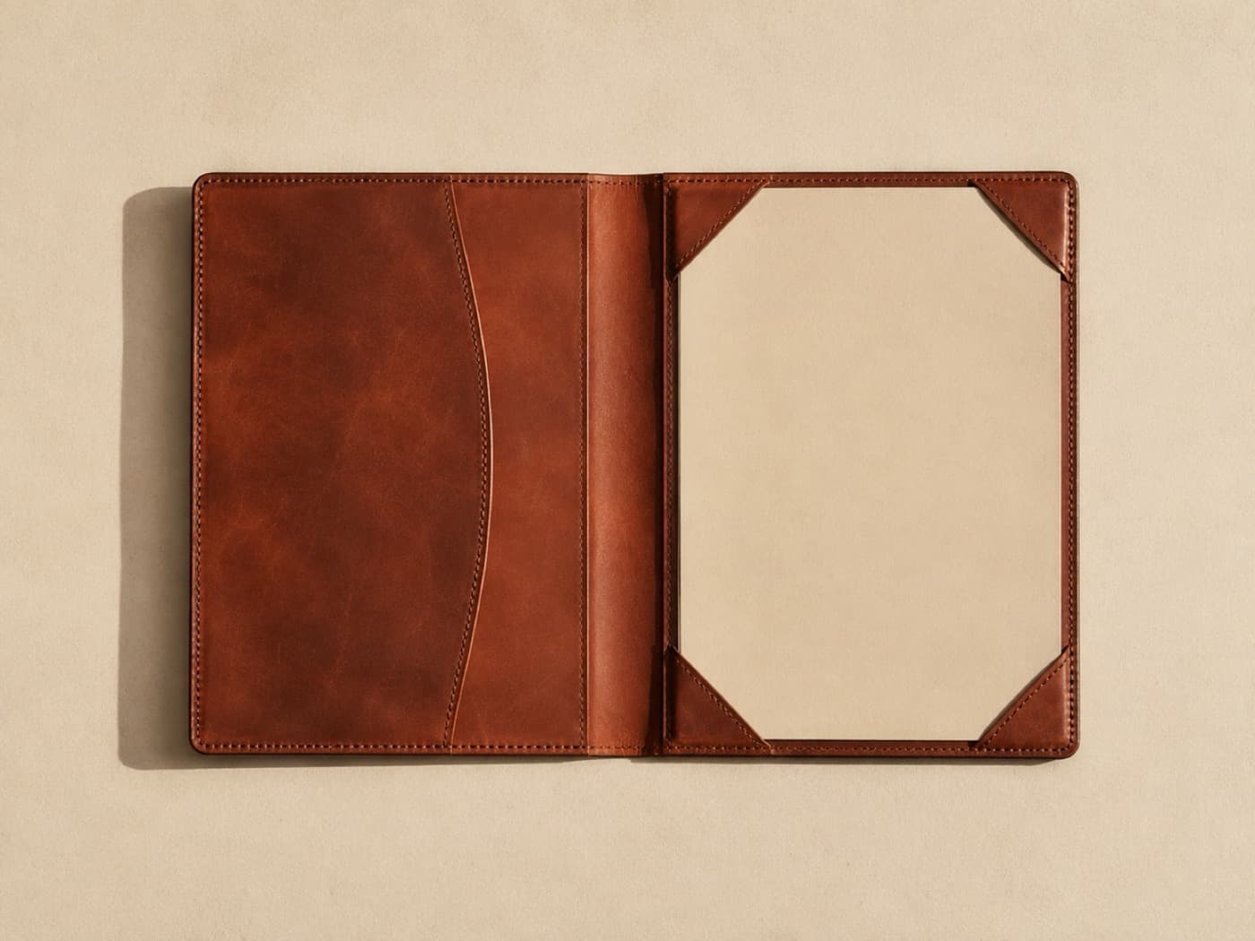 Menu & Presentation Folder A4 — For studios and dining rooms that hand a printed page to someone. Corner straps, no glue.