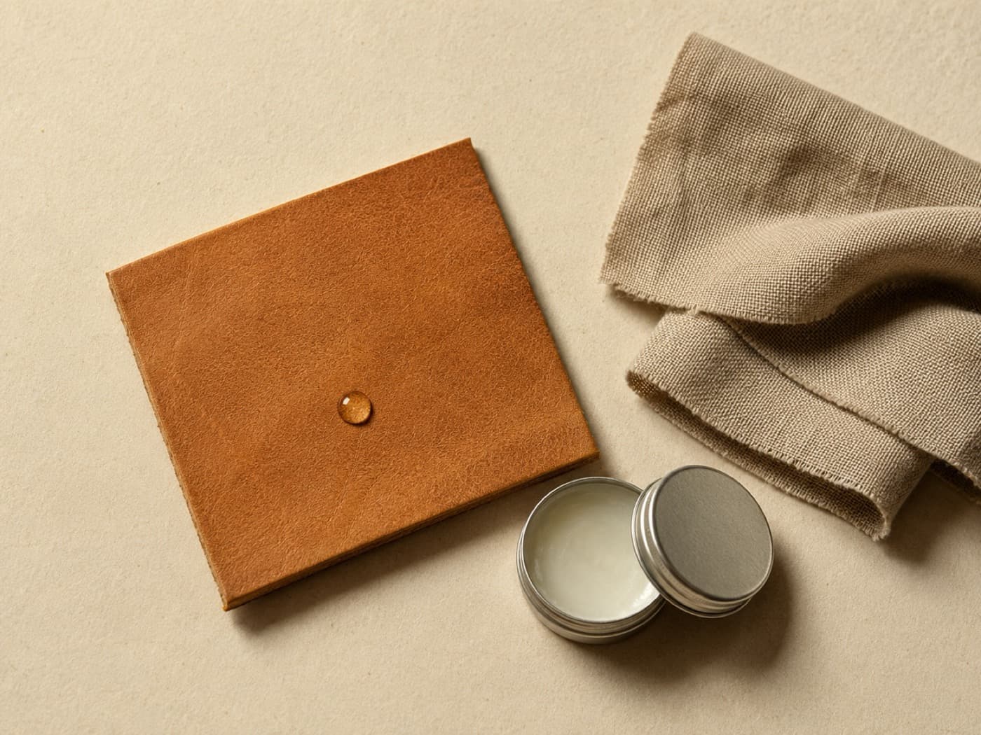 A leather square with a linen cloth, an open tin of colourless balm and a single water droplet beading on the surface