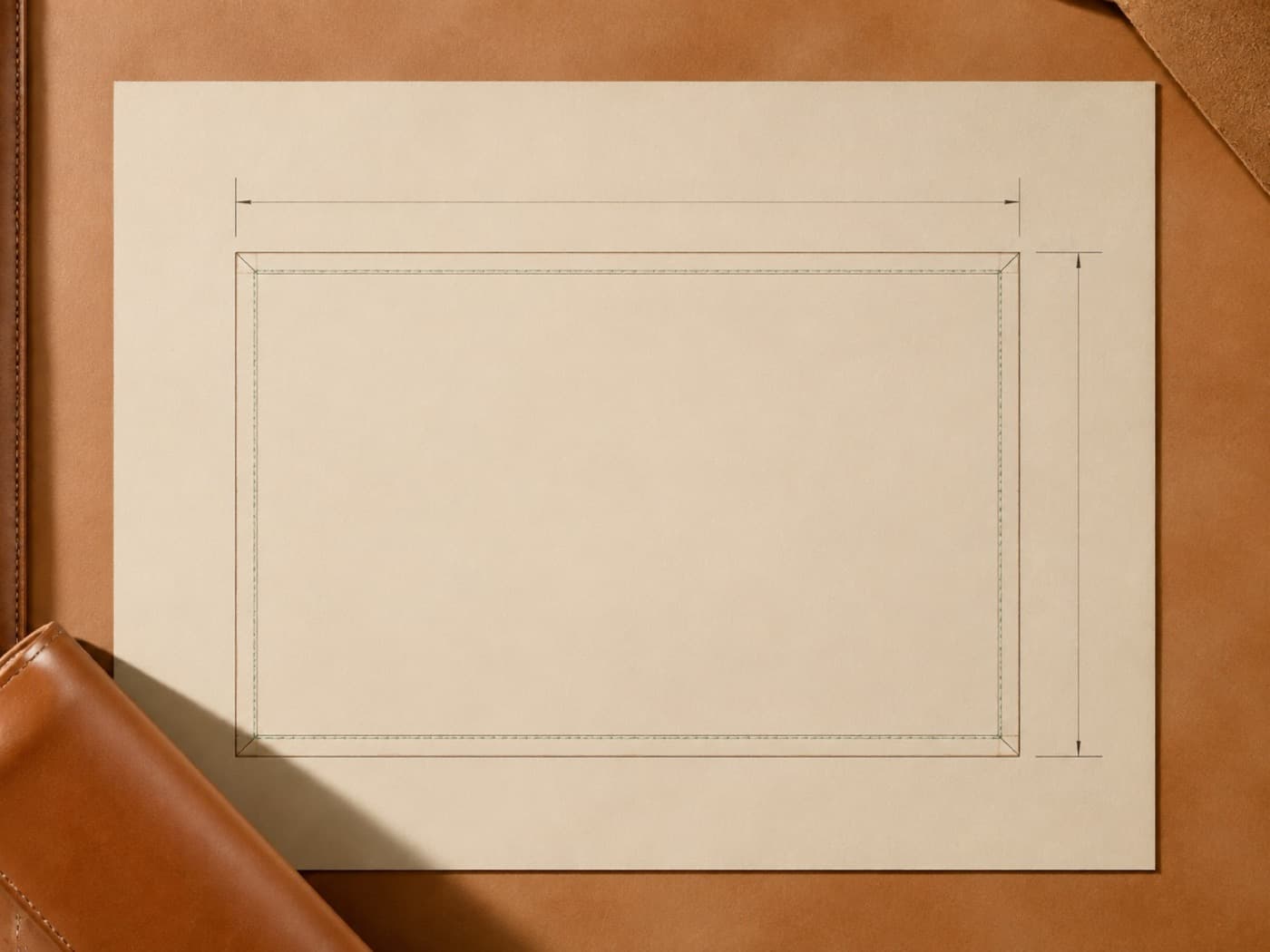 A measuring diagram: a desk seen from above with width and depth arrows and an inset margin band