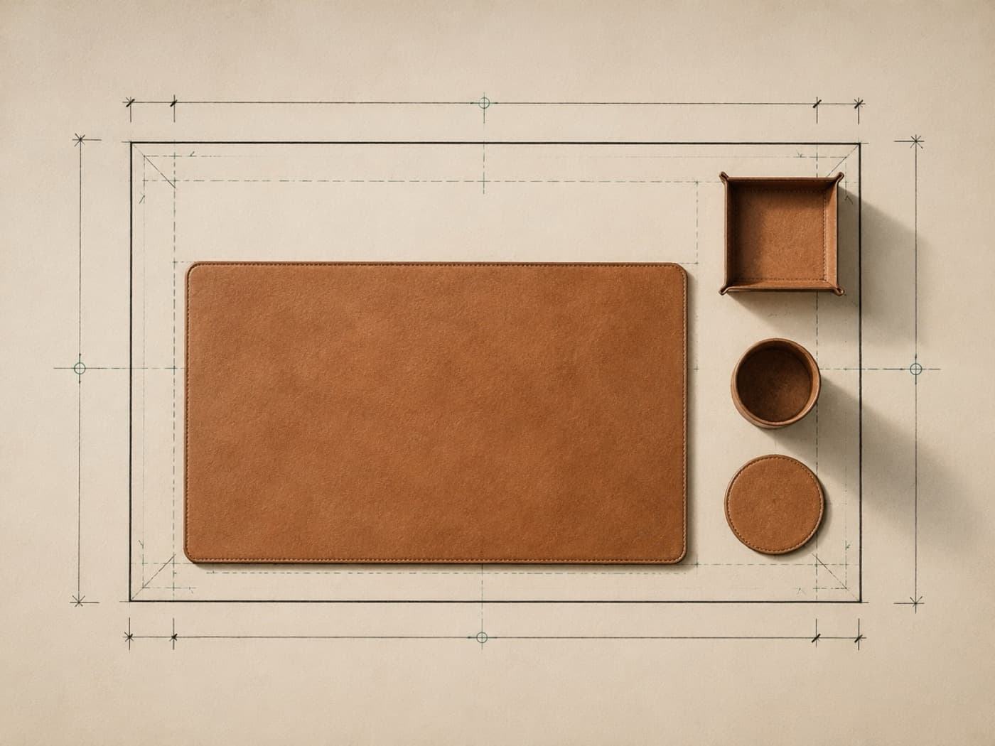 A top-down drafting plan of a desk with a mat, a tray, a pen cup and a coaster marked out to scale with measurement ticks